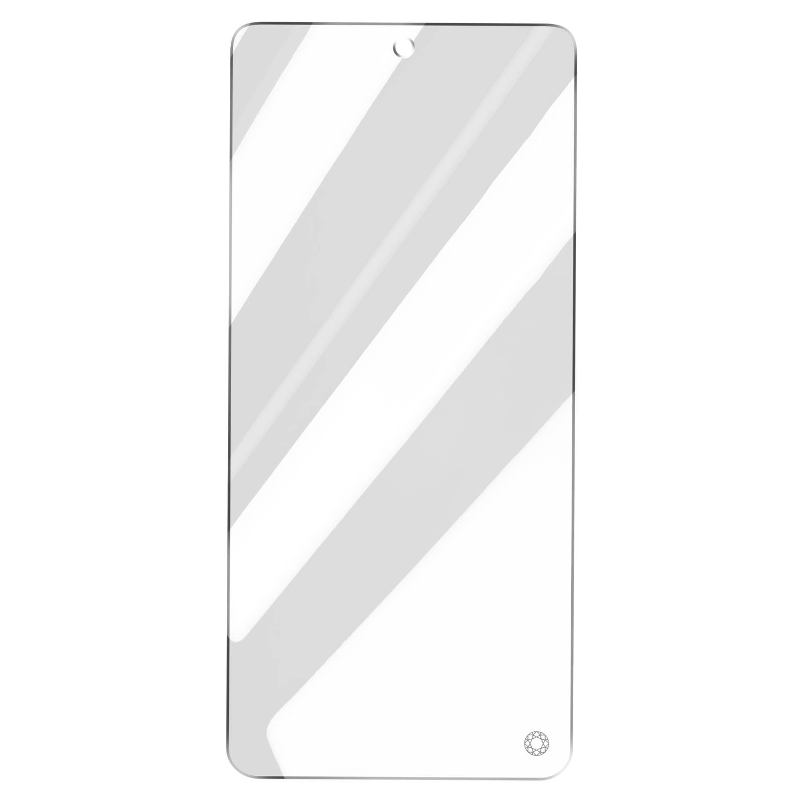 Un protecteur d'écran rectangulaire. Il est transparent avec des reflets de lumière. Il a une petite découpe circulaire en haut et un logo en bas.