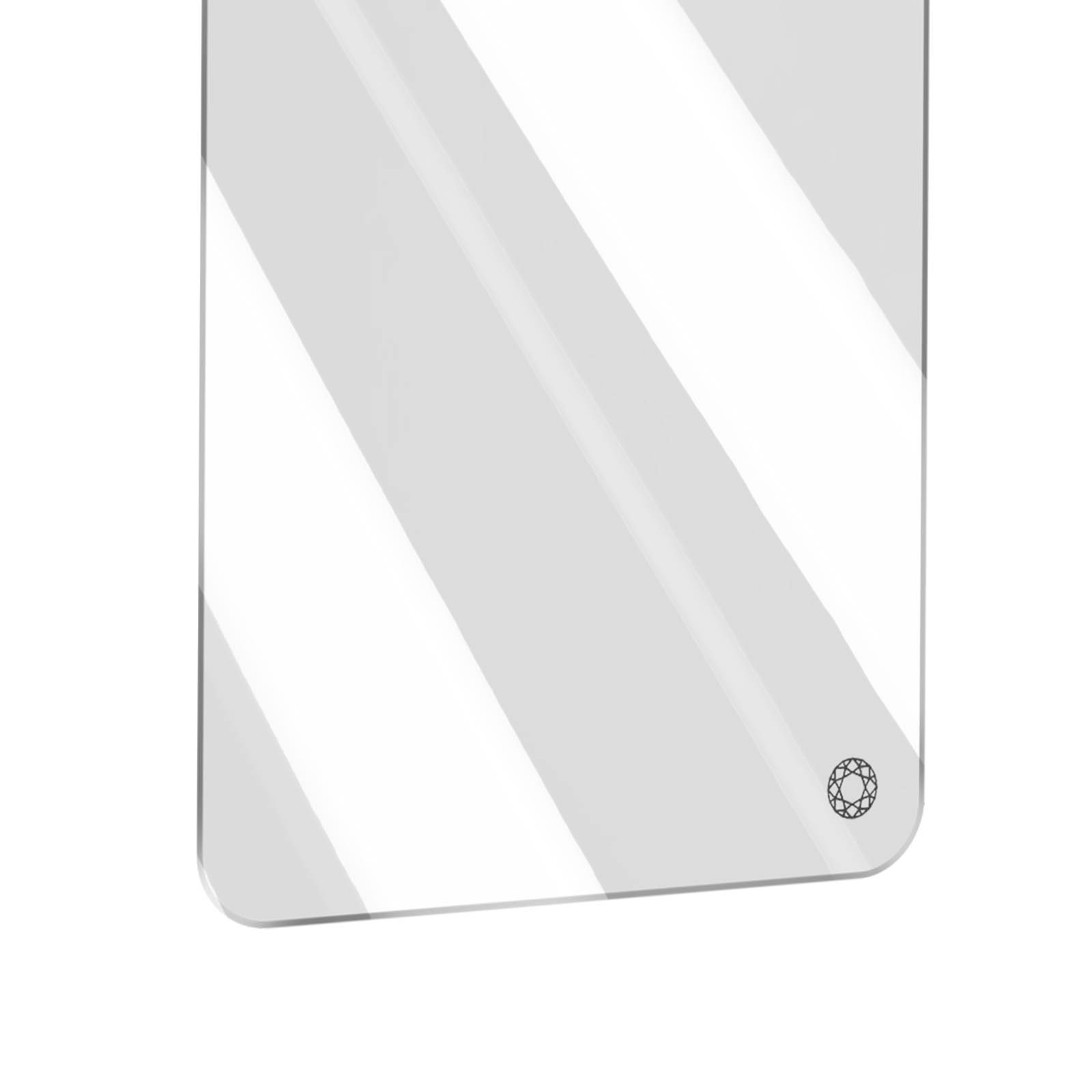 Une forme rectangulaire gris clair avec des coins arrondis. Faits saillants diagonaux blancs et un petit logo de diamant noir en bas.
