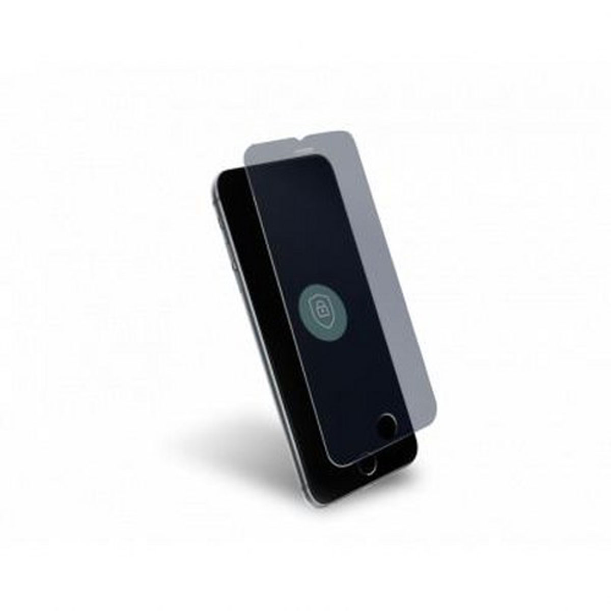 Uno smartphone nero con protezione schermo su sfondo bianco. Lo schermo mostra un'icona di sicurezza.