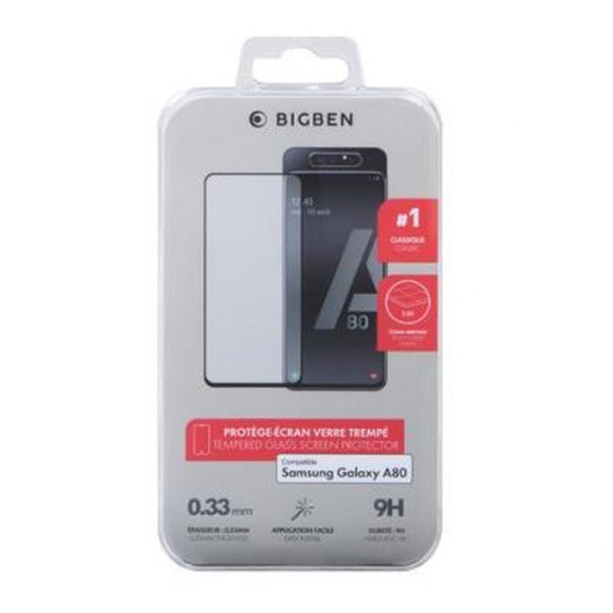 Una confezione di protezione dello schermo del telefono. Presenta un'immagine del telefono con l'etichetta "Samsung Galaxy A80". Il marchio è "BIGBEN".