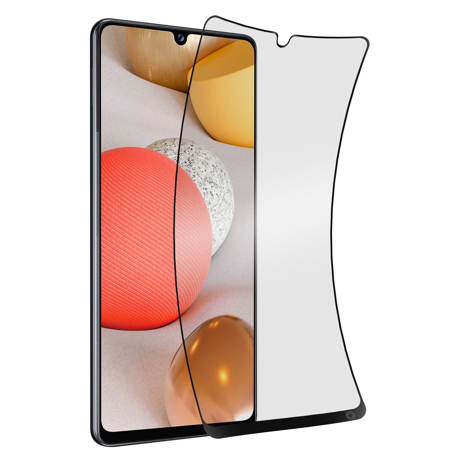 Un smartphone avec un protecteur d'écran. L'écran affiche un fond blanc texturé, rouge et doré avec des sphères.