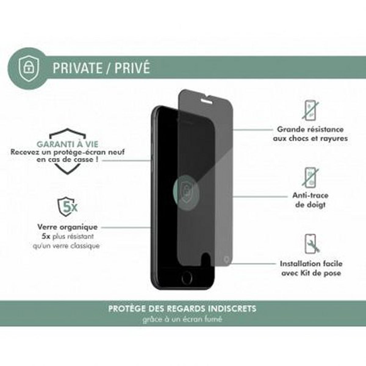 Un iPhone con protezione schermo, con caratteristiche del prodotto elencate. Include testo su privacy, protezione e installazione.