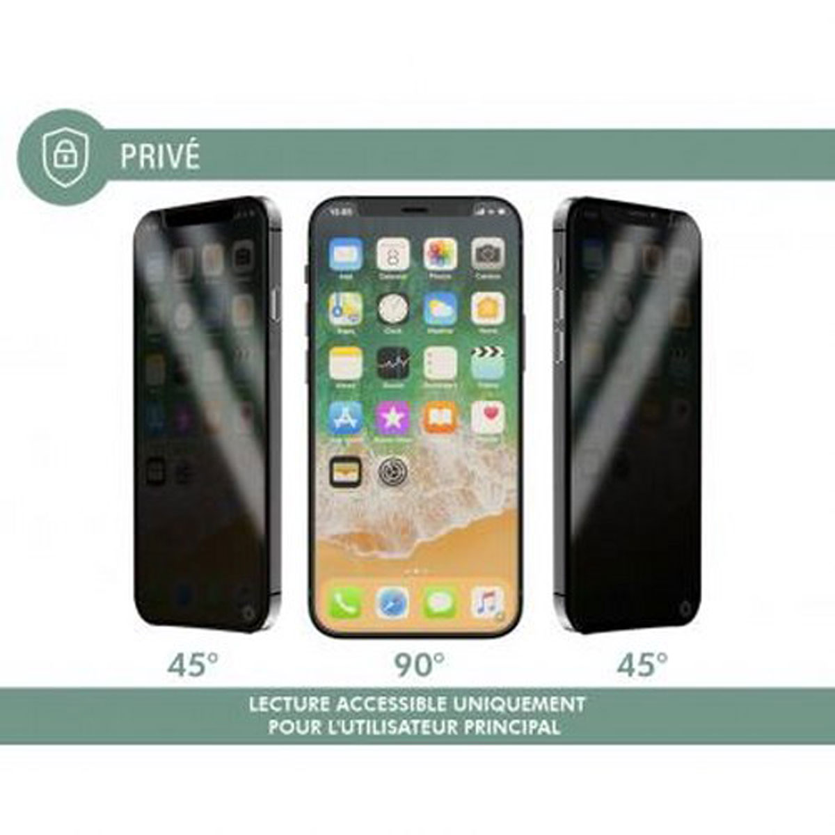 Tre iPhone visualizzati con angolazioni diverse. Quello centrale mostra la schermata iniziale, gli altri sono schermi neri. Testo in francese.