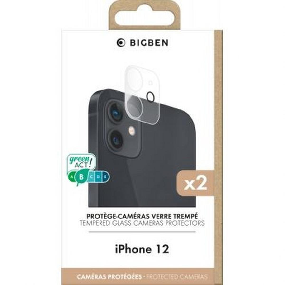 Viene mostrata una protezione per fotocamera per smartphone per iPhone 12. La confezione è bianca e marrone. Il marchio BIGBEN è visibile.