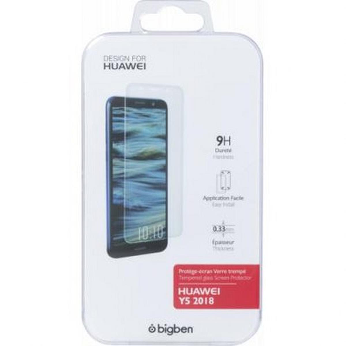 Confezione per protezione schermo Huawei Y5 2018. Confezione bianca con immagine del telefono, testo e icone. Logo 'bigben' in basso.