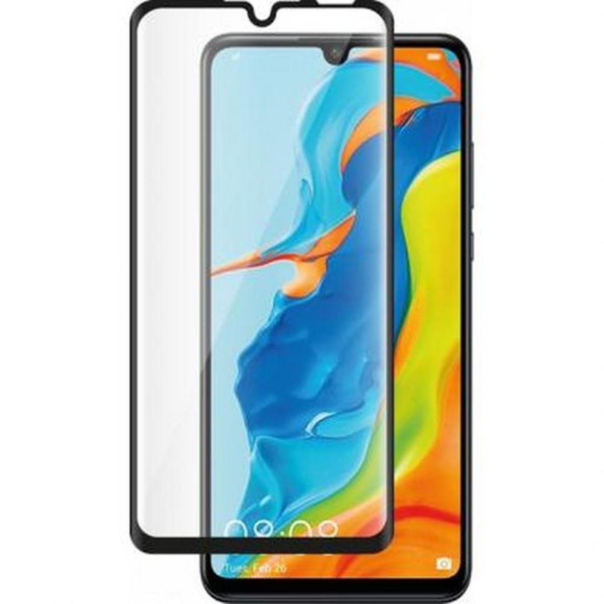 Uno smartphone con protezione schermo. Il telefono mostra un'immagine astratta colorata. La protezione è trasparente con una cornice nera.