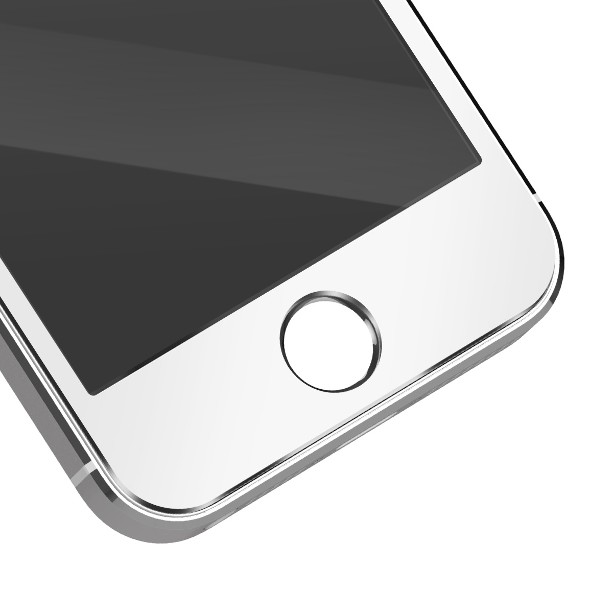 Primo piano di uno smartphone. Mostra il pulsante home, lo schermo e i bordi. Lo sfondo è bianco.