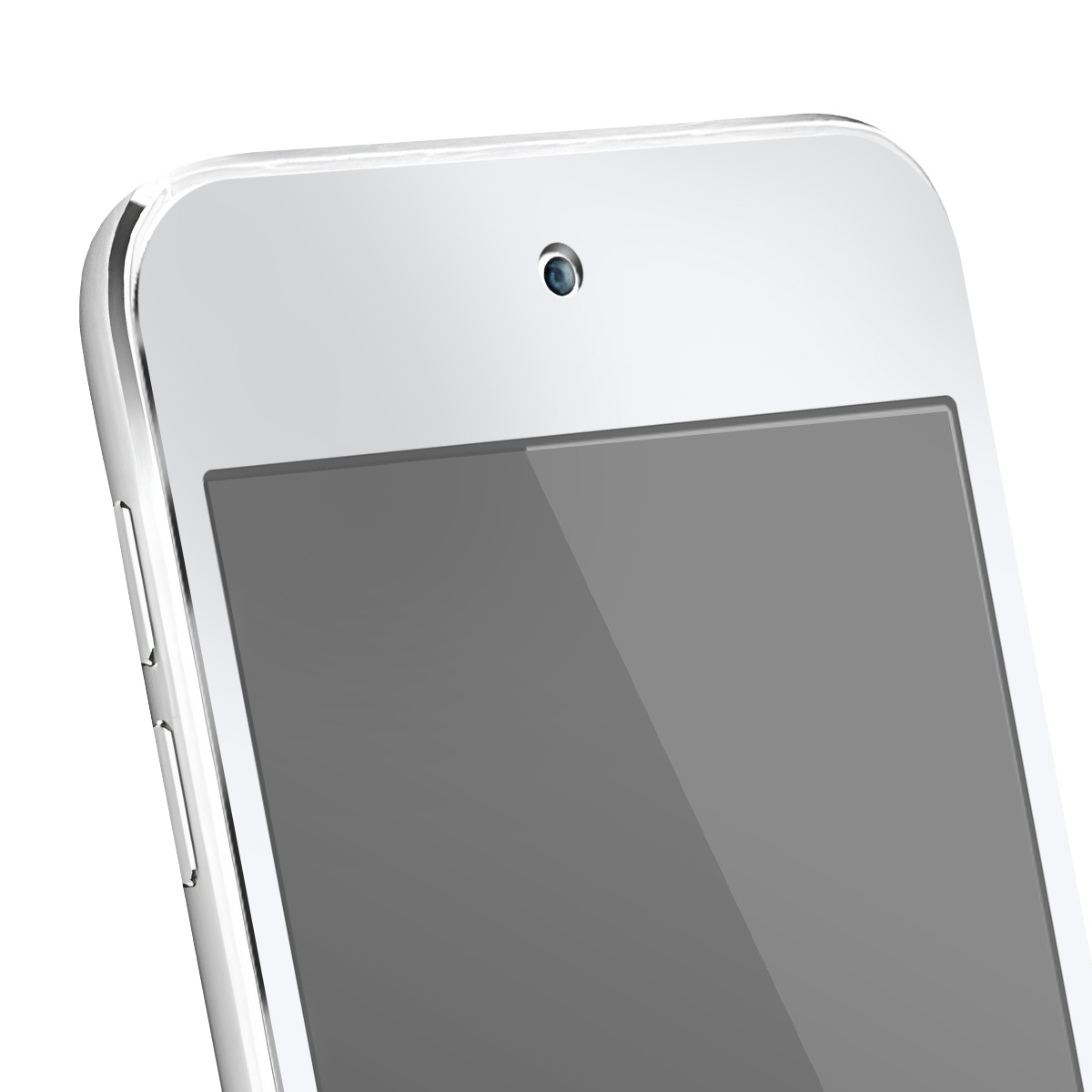 Primo piano di uno smartphone bianco. Ha uno schermo grigio, fotocamera in alto e lati argentati con pulsanti. Lo sfondo è bianco.