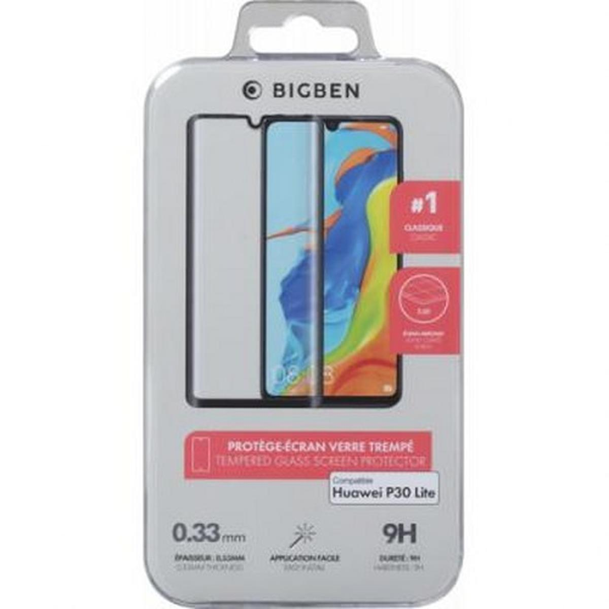 Confezione per una protezione schermo. Mostra lo schermo di un telefono con sfondo colorato. Il testo include 'BIGBEN', 'Huawei P30 Lite'.