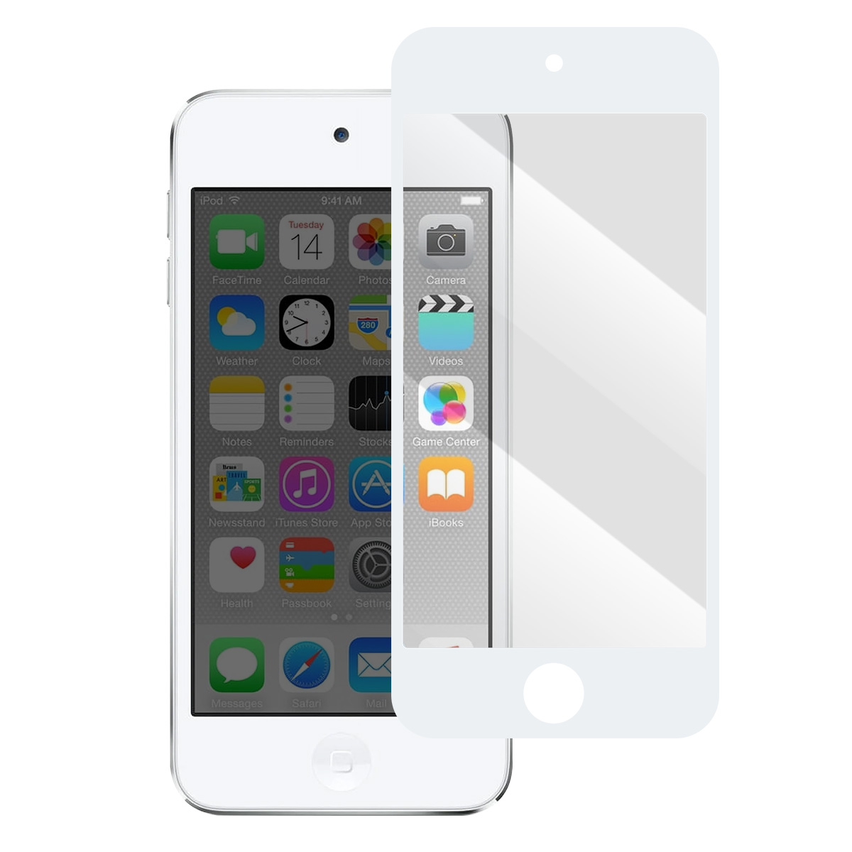 iPod Touch bianco con protezione schermo. Icone visibili includono FaceTime, Calendario, Fotocamera e altro. L'ora è 9:41.