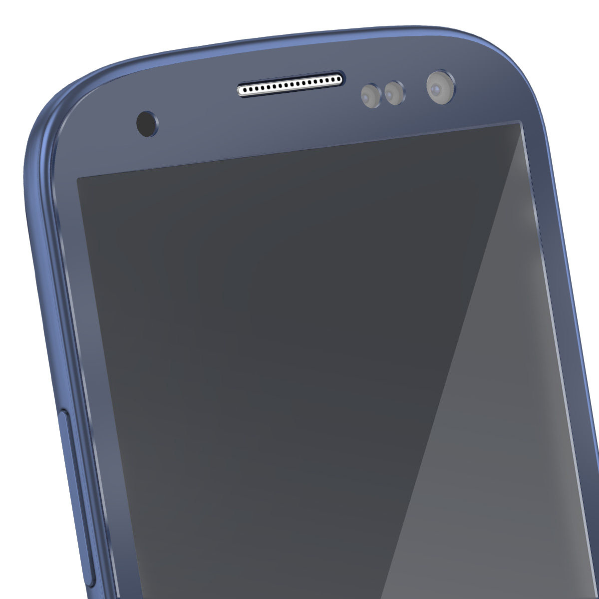 Een close-up van een blauwe smartphone. Zichtbaar zijn het scherm, camera's aan de voorkant, luidspreker en rand.