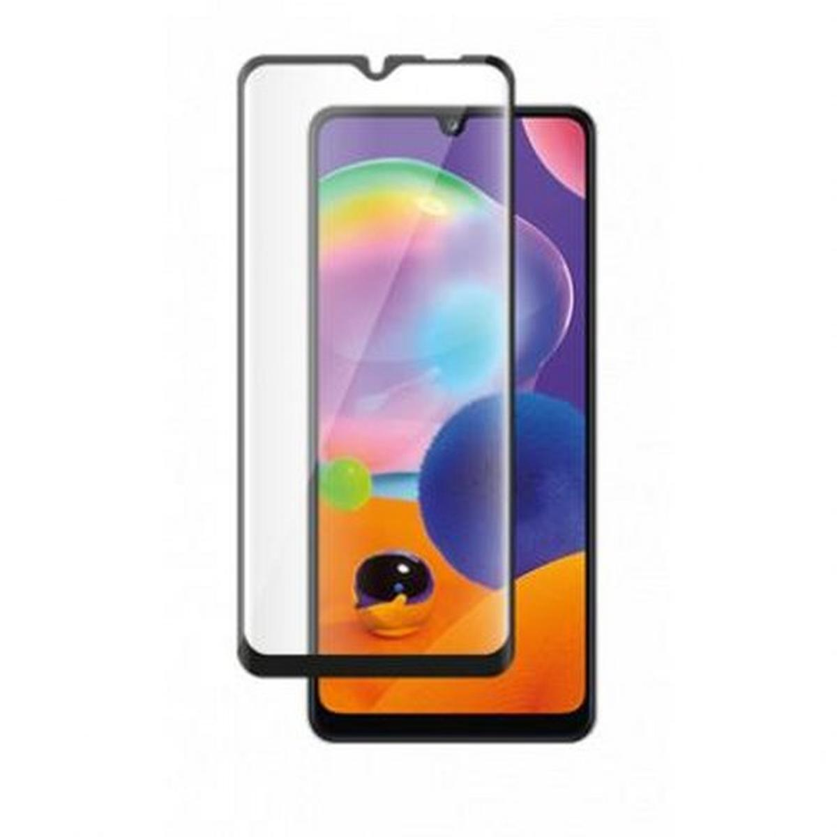 Un smartphone avec un protecteur d'écran. Le téléphone affiche un écran coloré et a un bord noir. Le protecteur est transparent avec un cadre noir.
