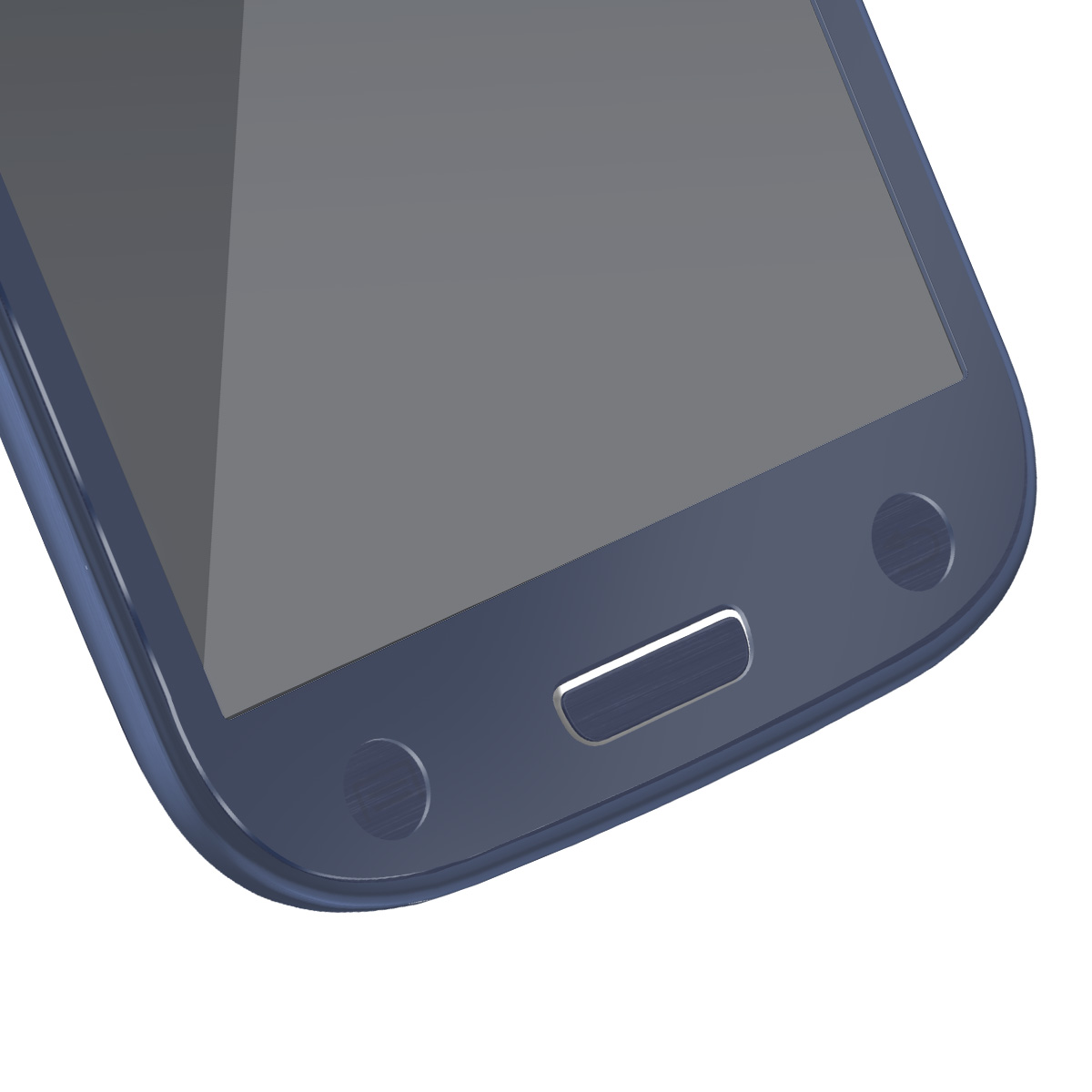 Een close-up van een blauwe smartphone. Het scherm is grijs en de homeknop is zilver. De achtergrond is wit.