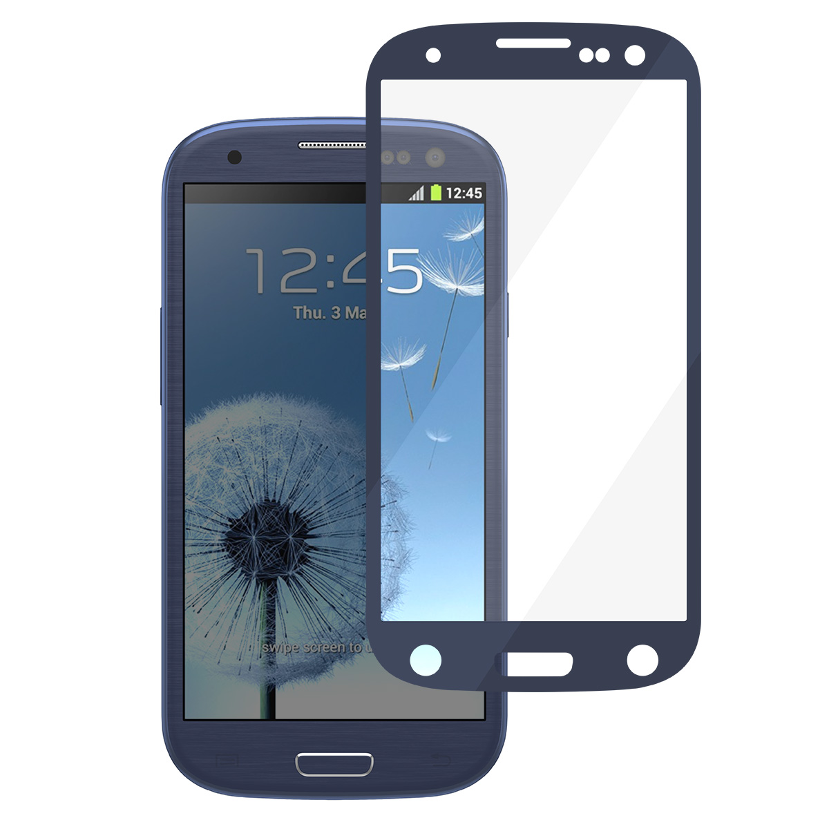 Een blauwe smartphone met een paardenbloem-achtergrond en een schermbeschermer. Het scherm toont de tijd 12:45.