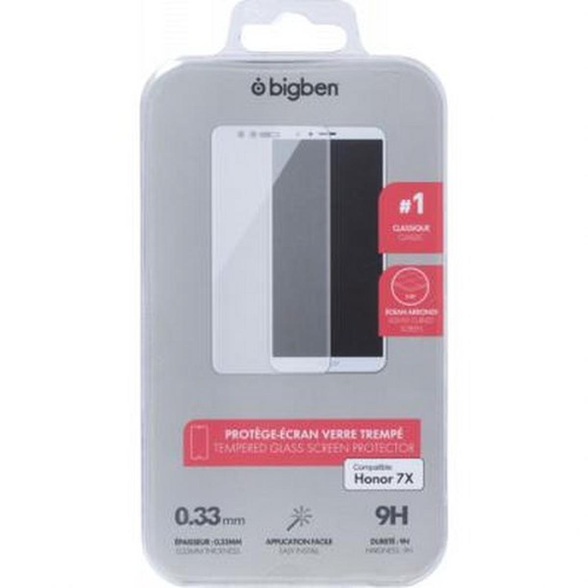 Una confezione di protezione schermo Bigben per Honor 7X. La confezione mostra uno schermo del telefono, con etichette di testo e il logo del marchio.