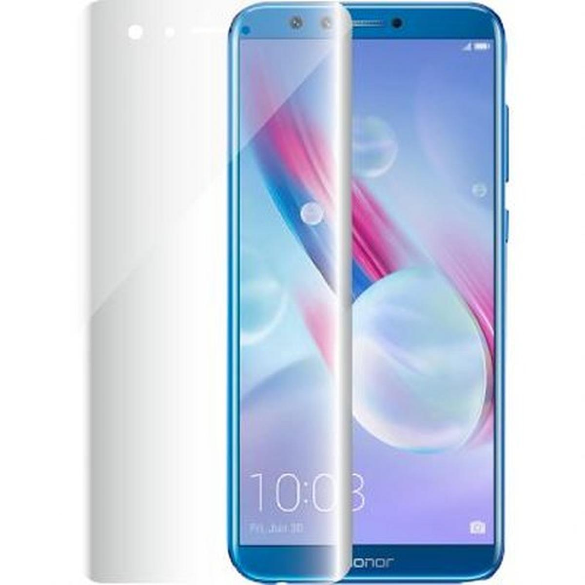Un telefono Honor blu con protezione schermo. Lo schermo mostra l'ora. Una protezione bianca è a sinistra.