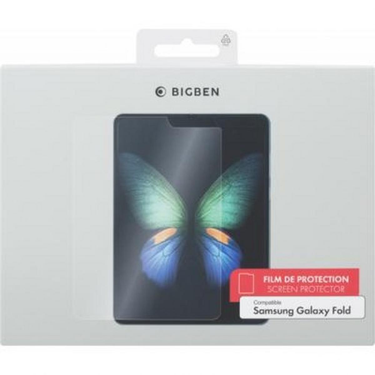 Una scatola bianca con logo Bigben e protezione schermo per Samsung Galaxy Fold. Mostra un disegno a farfalla sullo schermo.