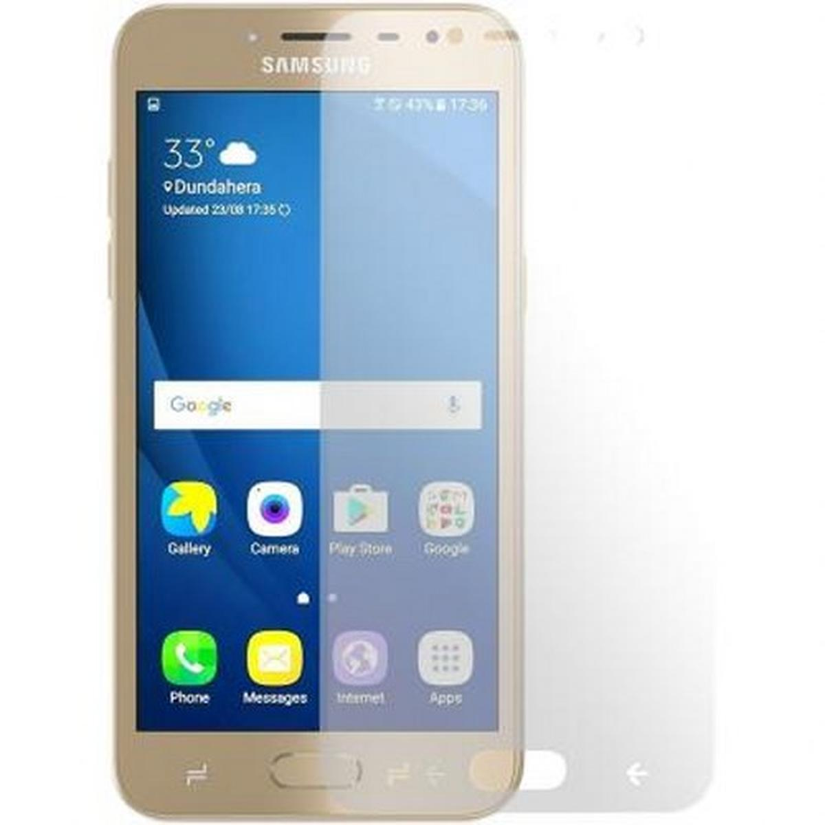 Uno smartphone Samsung dorato mostra l'ora, il meteo e le icone delle app. Un proteggi schermo è sul lato destro. Il telefono ha una barra di ricerca Google.