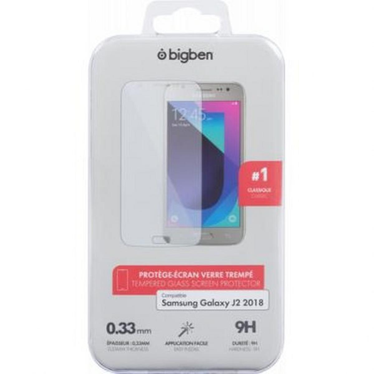 Un proteggi schermo per telefono in una confezione. Sulla confezione c'è scritto 'bigben', 'Samsung Galaxy J2 2018' e 'Tempered Glass Screen Protector'.