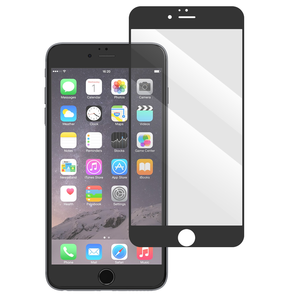 Un smartphone avec un protecteur d'écran. Le téléphone affiche des icônes d'applications comme Messages, Calendrier et Appareil photo. Le protecteur est noir.
