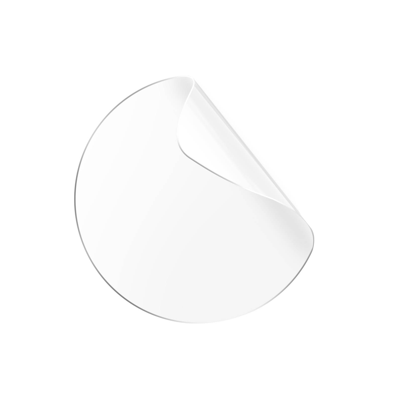 Un adesivo bianco circolare con un angolo curvo staccato, su sfondo bianco.