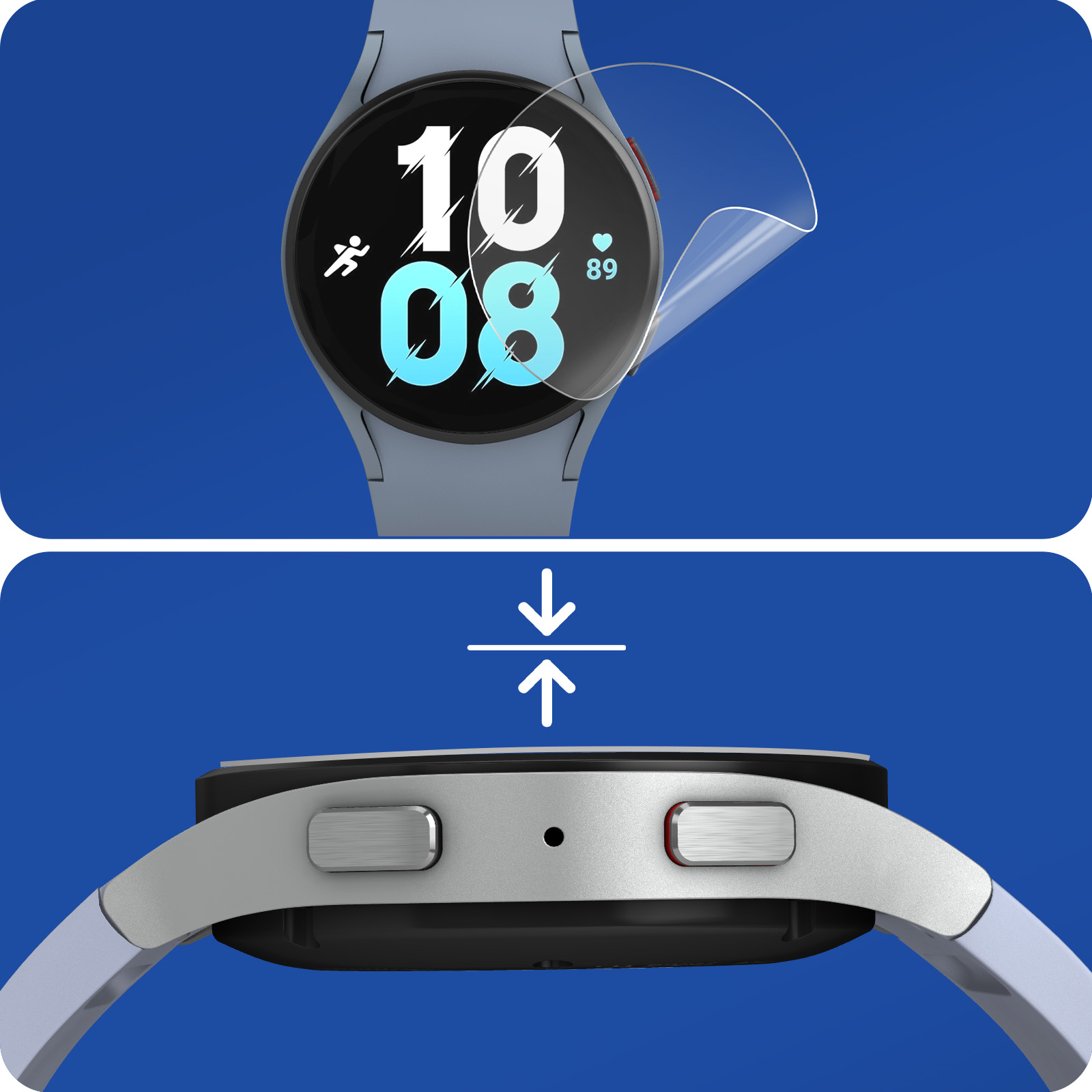 Uno smartwatch con una protezione per lo schermo che si stacca. Lo schermo mostra l'ora e la frequenza cardiaca. L'orologio è grigio, sfondo blu.