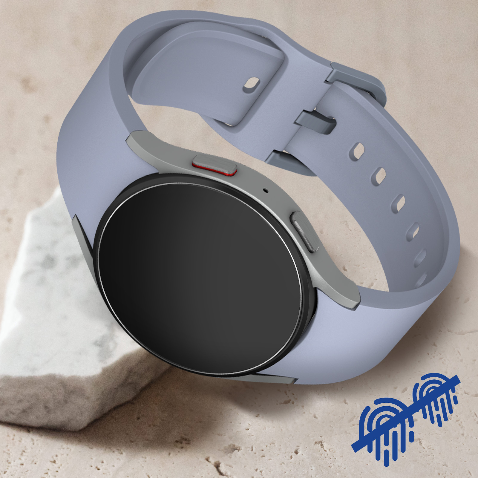 Uno smartwatch azzurro con schermo nero appoggiato su una superficie di marmo.