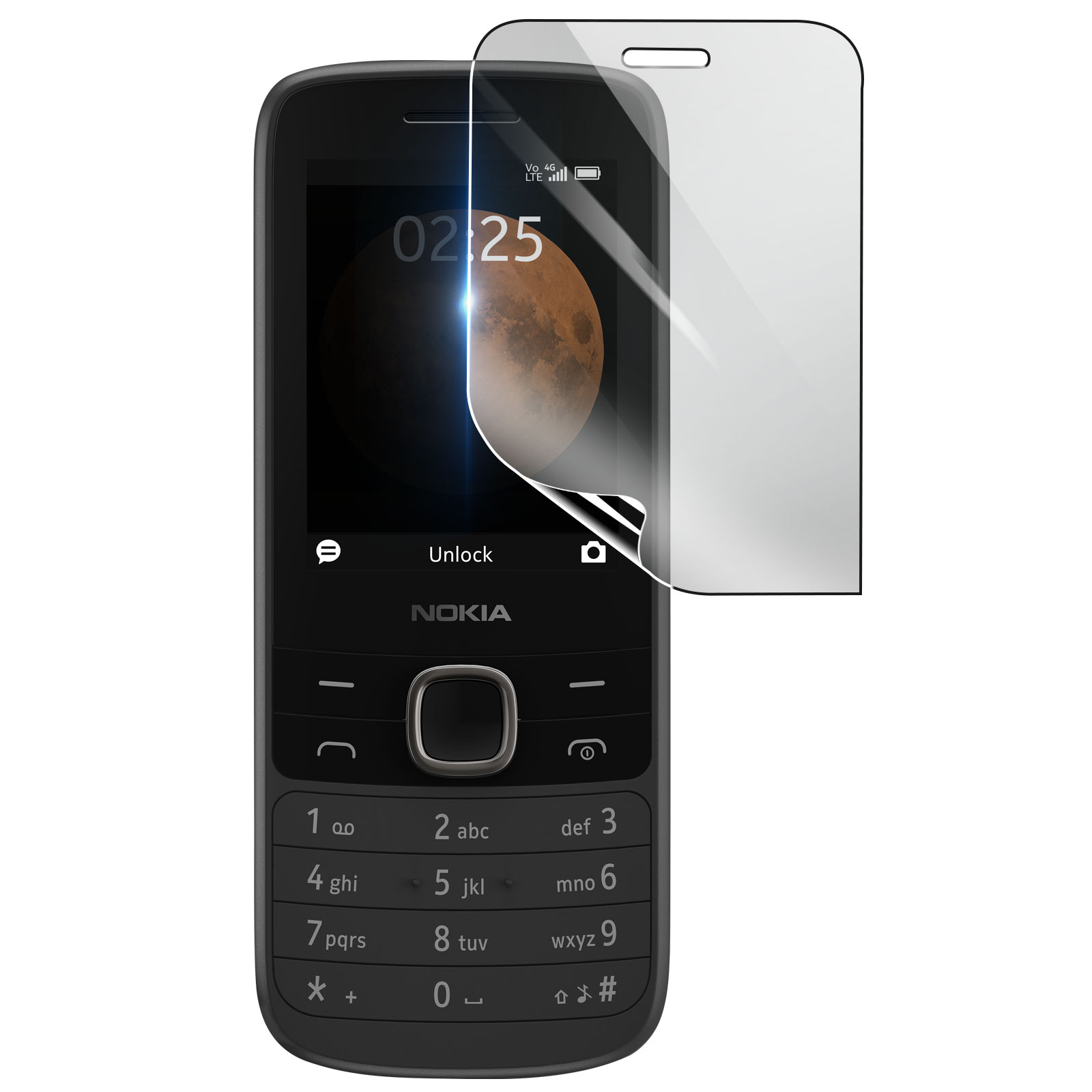 Un telefono Nokia con una protezione per lo schermo. Il telefono mostra l'ora e un'immagine lunare. La protezione è parzialmente staccata.