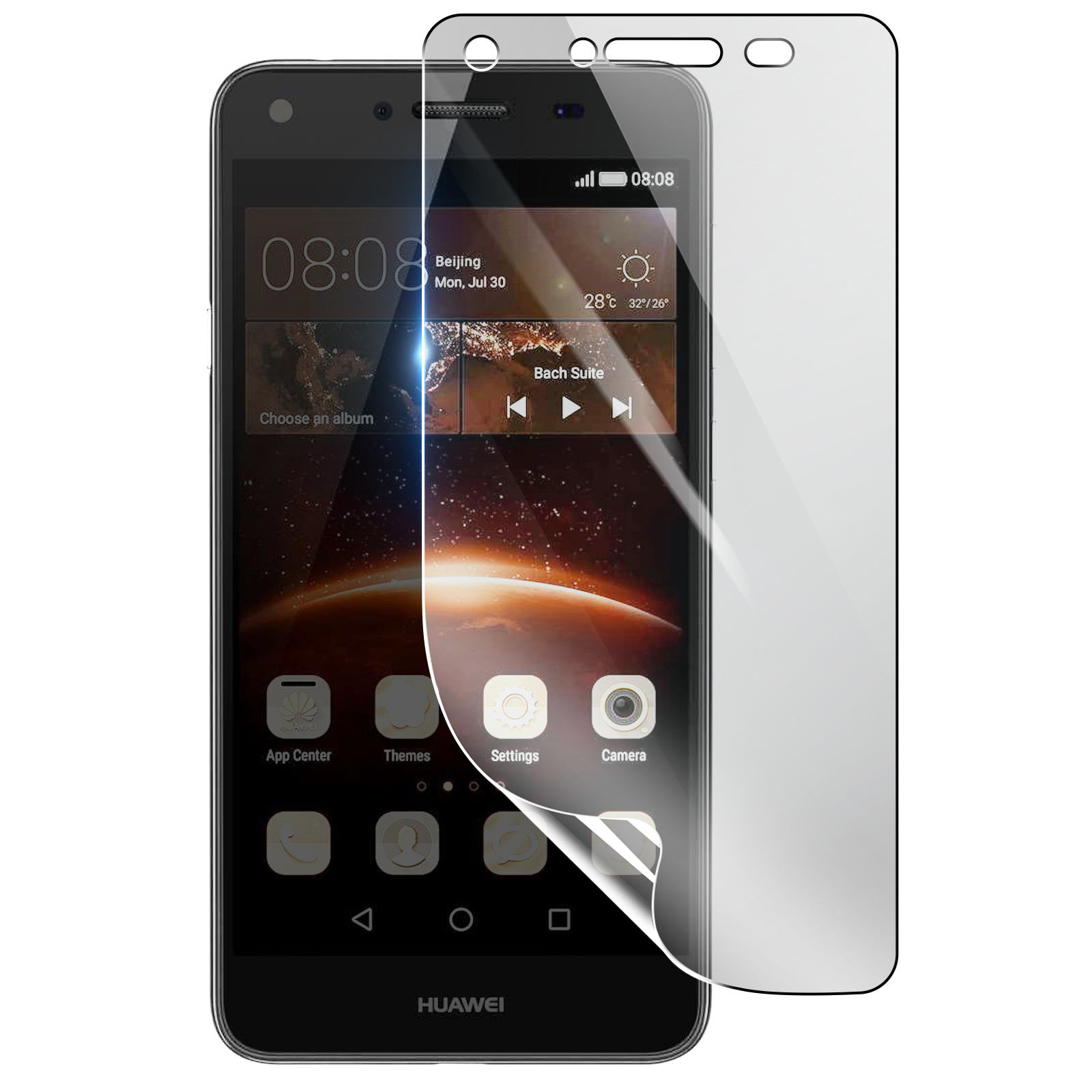 Uno smartphone Huawei con protezione schermo. Lo schermo mostra ora, data, meteo e icone delle app.