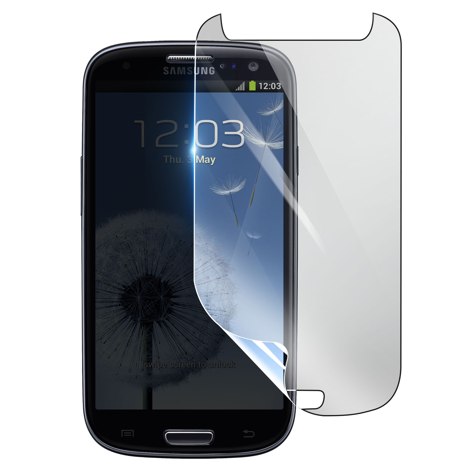 Uno smartphone Samsung nero con protezione schermo applicata. Lo schermo mostra un dente di leone e l'ora 12:03.