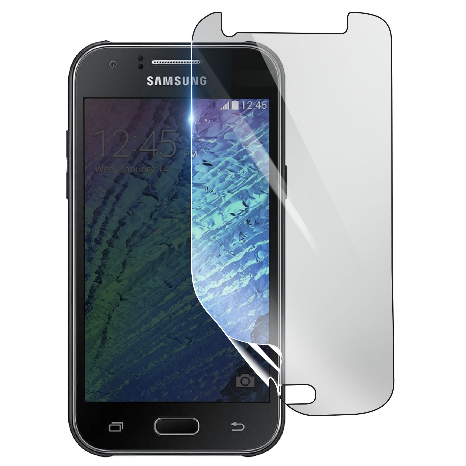 Un telefono Samsung con una protezione per lo schermo applicata. Il telefono mostra l'ora e la data. La protezione per lo schermo è trasparente.