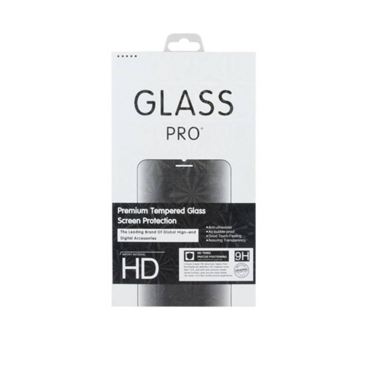 Scatola bianca con testo "GLASS PRO". Dice "Premium Tempered Glass Screen Protection". Caratteristiche: HD, anti-UV, a prova di bolle e 9H.