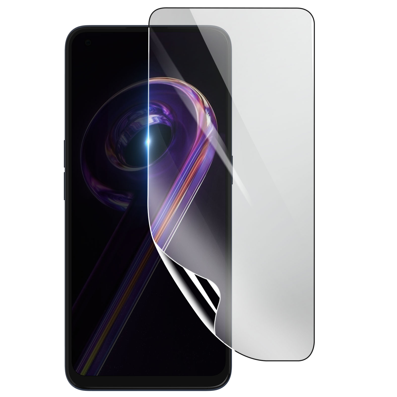 Uno smartphone con una protezione per lo schermo applicata. Lo schermo mostra un design colorato. La protezione è parzialmente staccata.