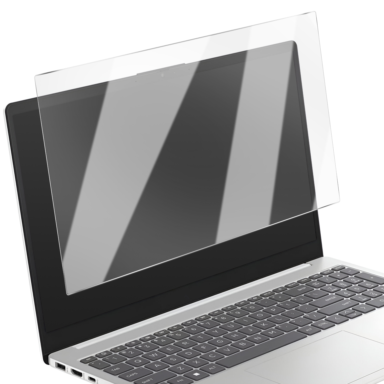 È visibile un laptop con una protezione per lo schermo. La tastiera è in primo piano. Lo sfondo è bianco.