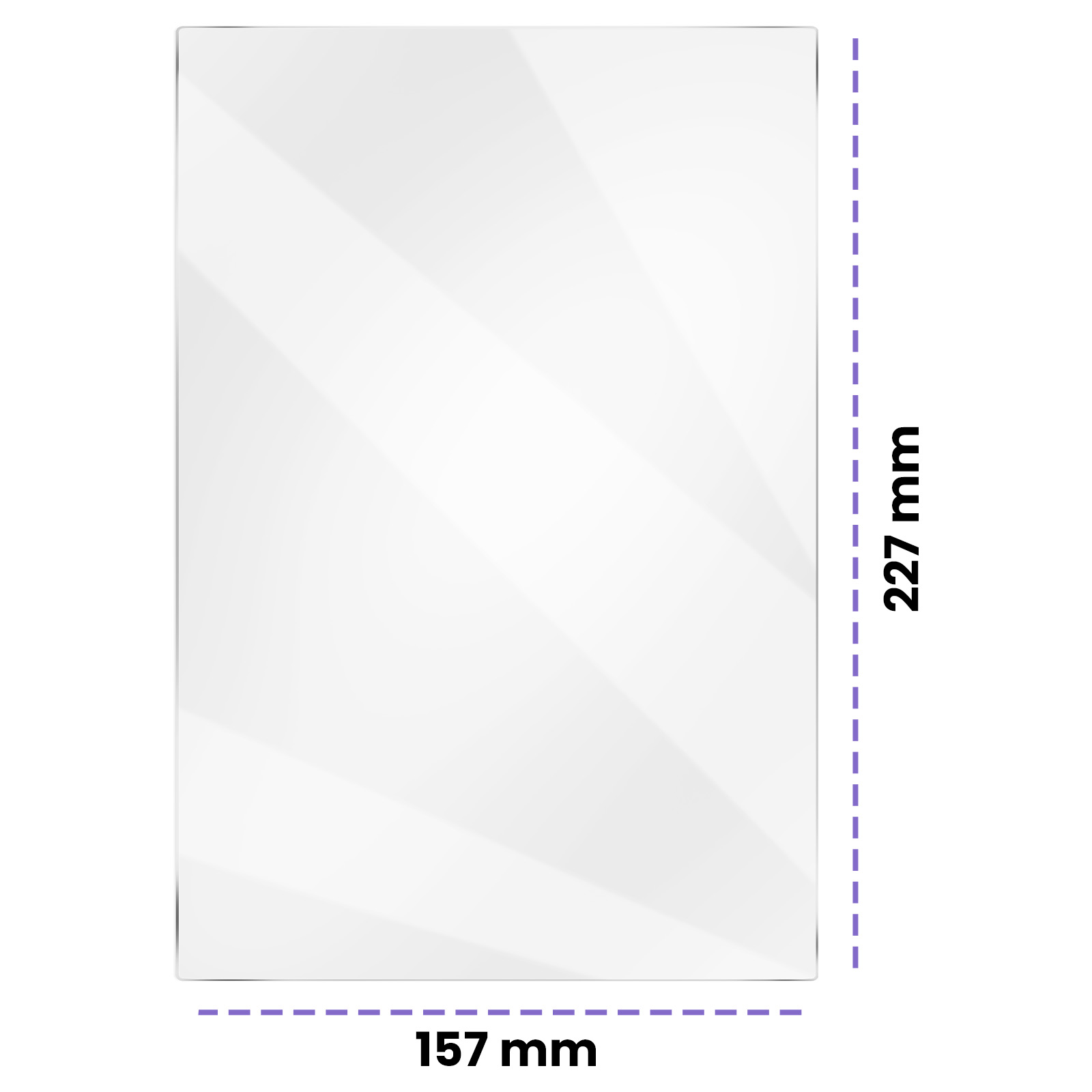 Un oggetto rettangolare e trasparente. Le dimensioni sono 157 mm x 227 mm. Ha strisce diagonali bianche e sottili sulla superficie.