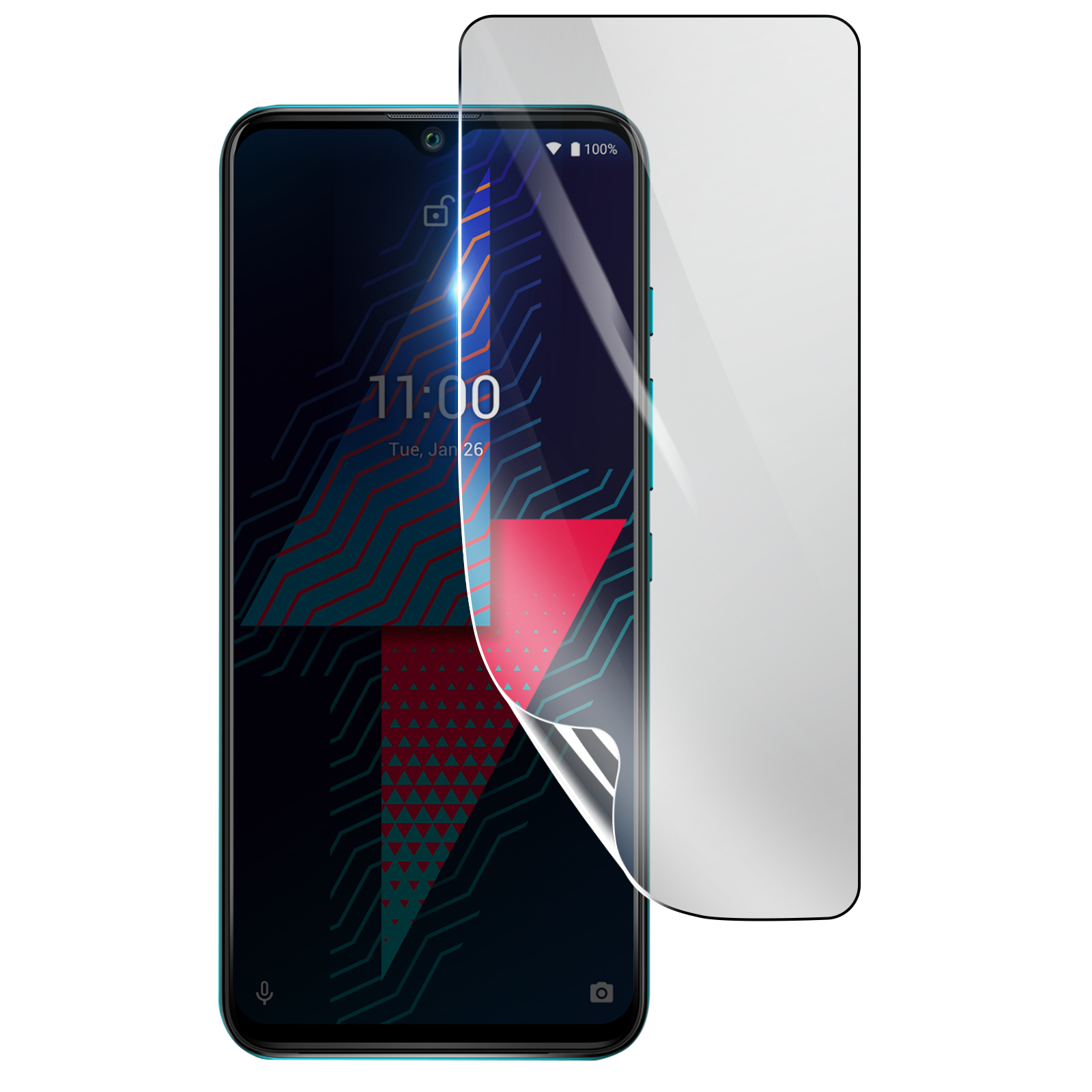 Smartphone con protezione schermo applicata, mostra uno schermo scuro con ora e data. La protezione si stacca.