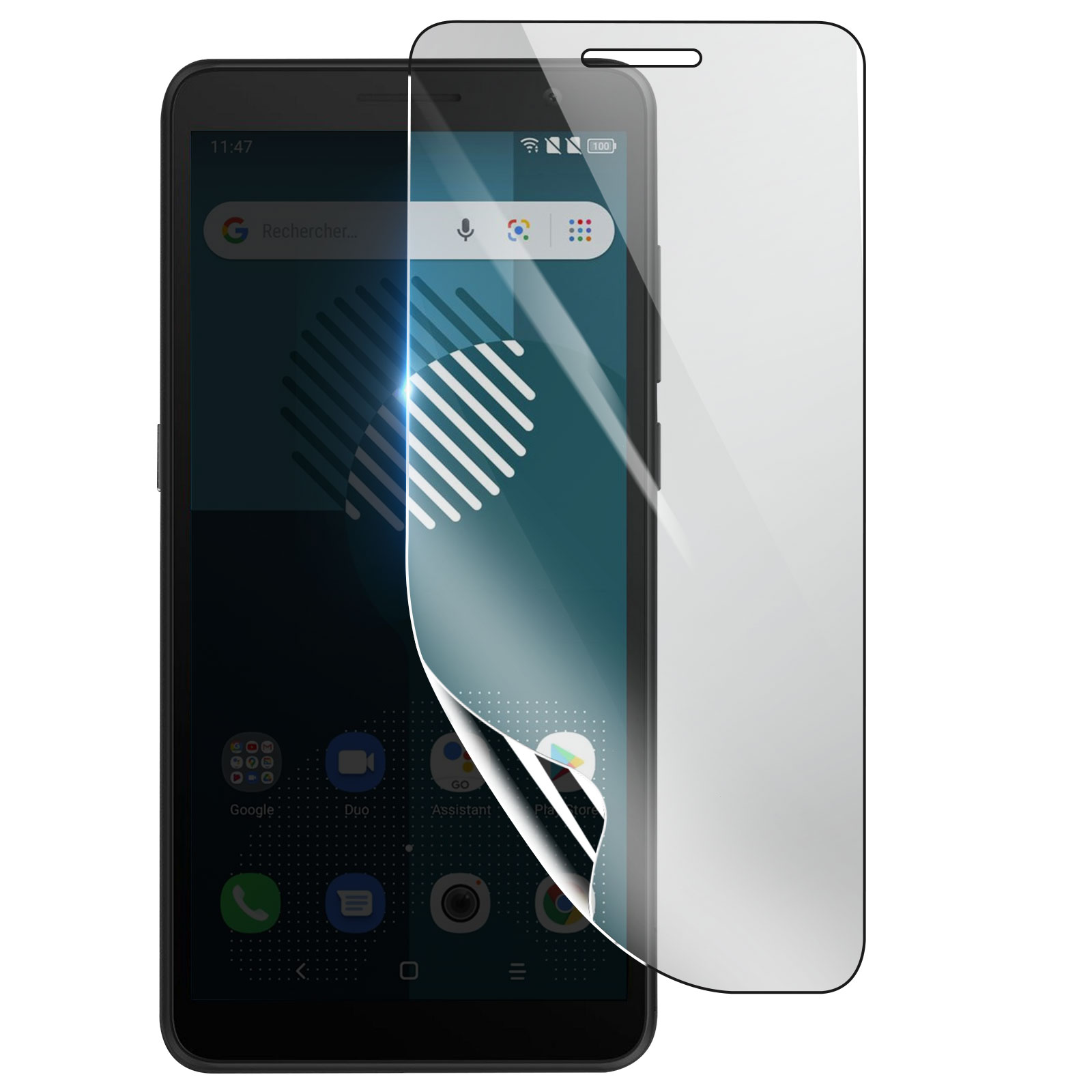 Uno smartphone nero con una protezione schermo che si stacca. Lo schermo mostra app e ora.