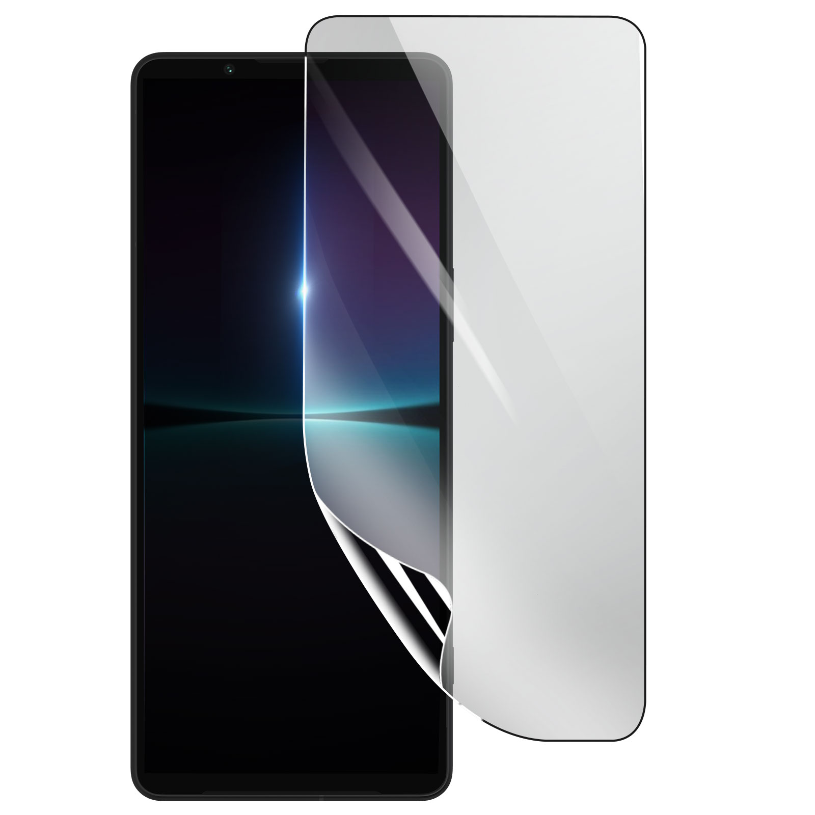 Uno smartphone con una protezione per lo schermo in fase di applicazione. Lo schermo è nero, la protezione trasparente.