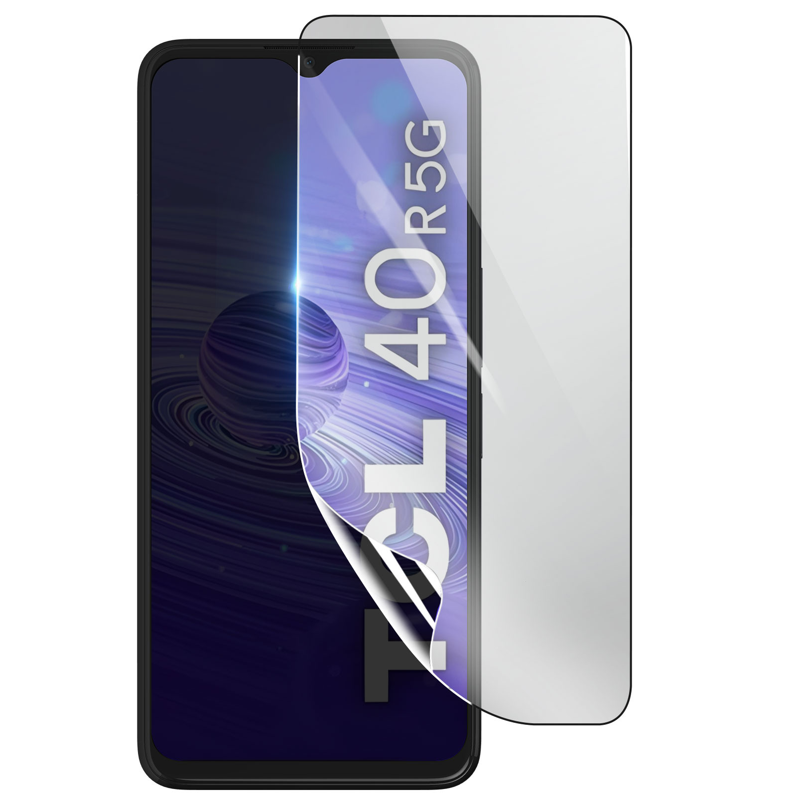 Uno smartphone nero con protezione schermo. Lo schermo mostra un'immagine del pianeta. La protezione ha il testo TCL 40 R 5G.