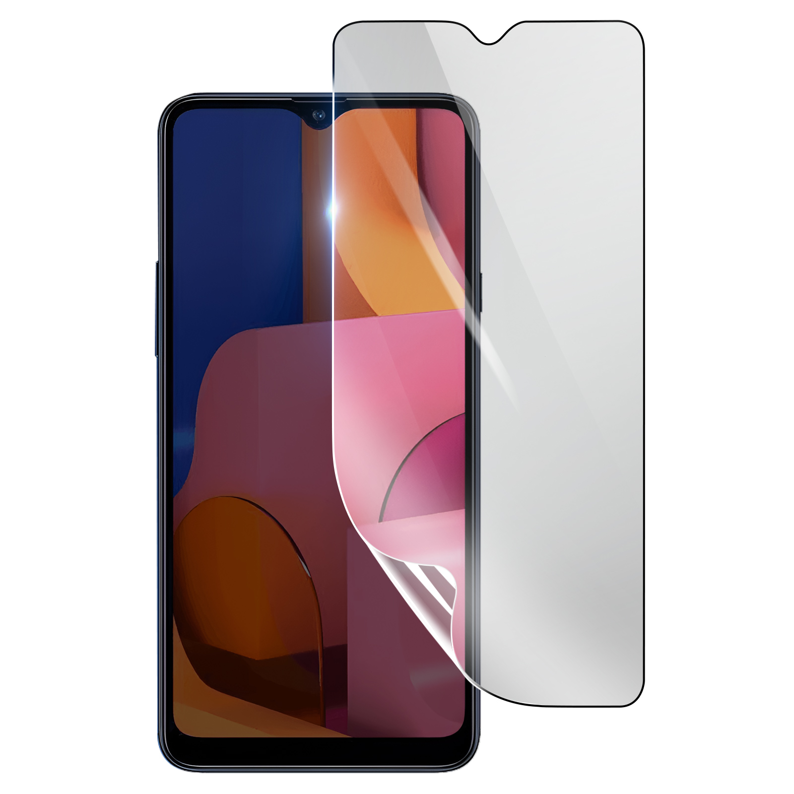 Uno smartphone con una protezione per lo schermo parzialmente staccata. Il telefono ha un display colorato. Il proteggi schermo è trasparente.