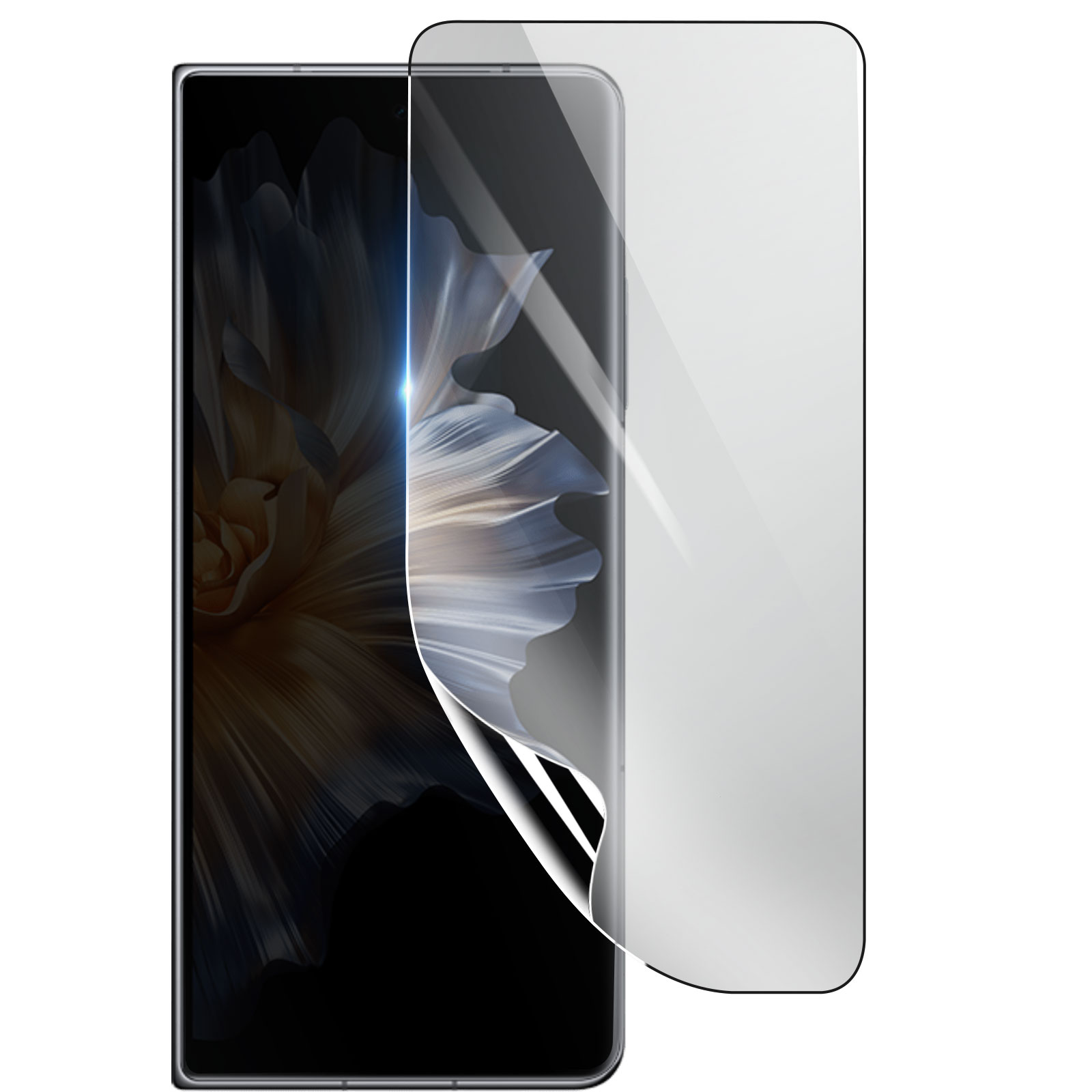 Uno smartphone con una protezione per lo schermo in applicazione. Lo schermo mostra un disegno floreale. La protezione è parzialmente staccata.