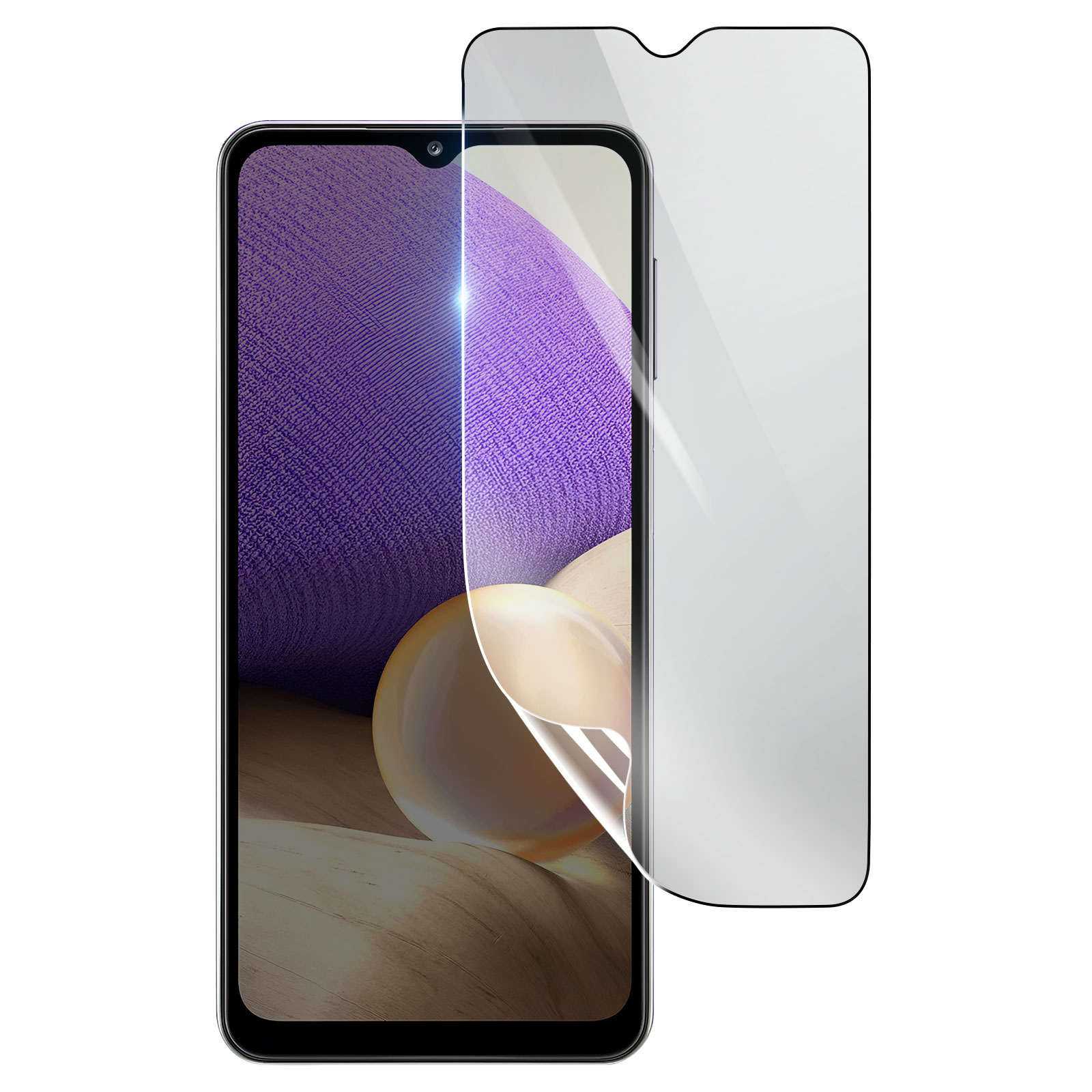 Uno smartphone con una protezione per lo schermo che viene rimossa. Lo schermo mostra uno sfondo viola e un globo beige chiaro.