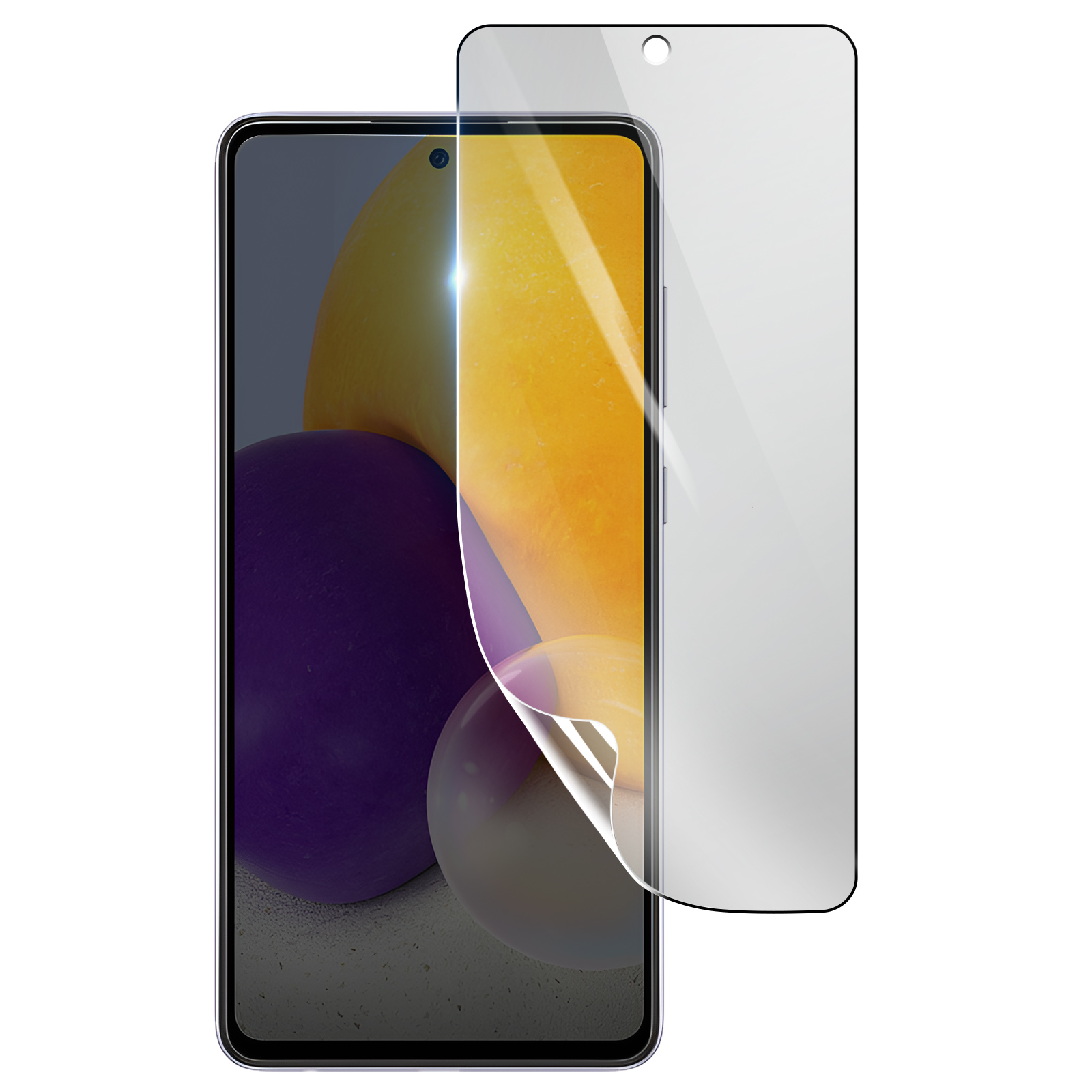 Uno smartphone con una protezione per lo schermo in applicazione. Sfondo sfumato giallo e viola visibile attraverso lo schermo.