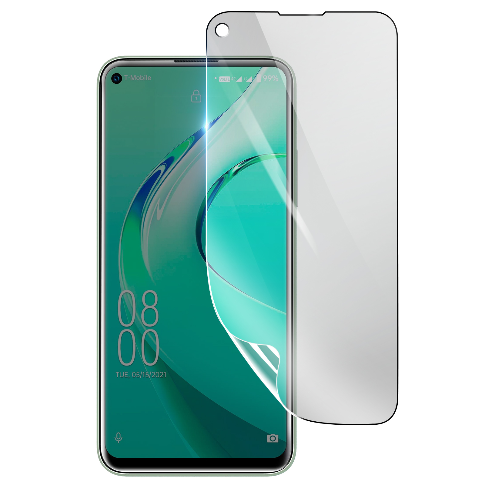 Uno smartphone con protezione schermo su sfondo bianco. Lo schermo mostra l'ora 08:00 e la data 15/05/2021.