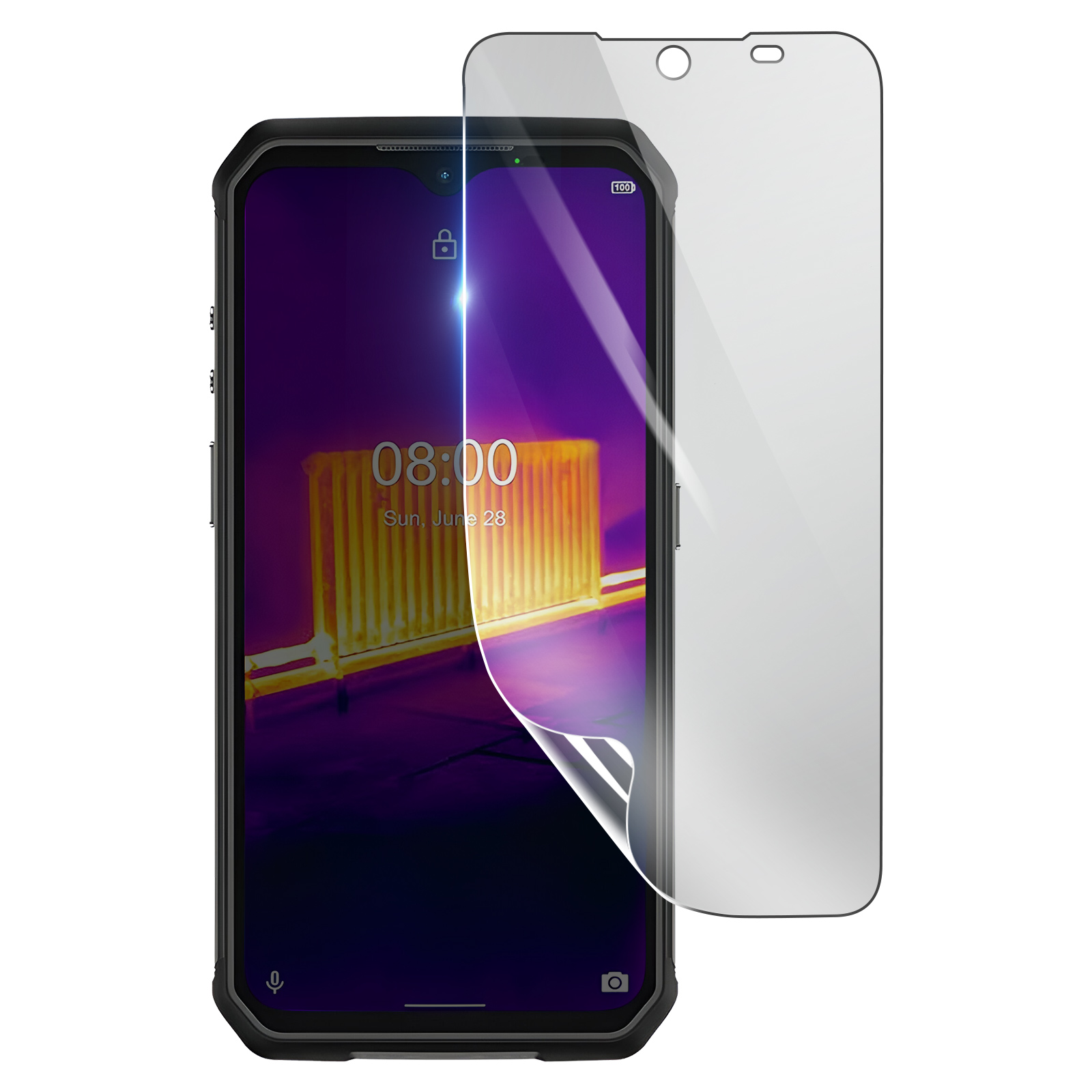 Uno smartphone nero con una protezione schermo che si stacca. Lo schermo mostra un'immagine termica di un radiatore.