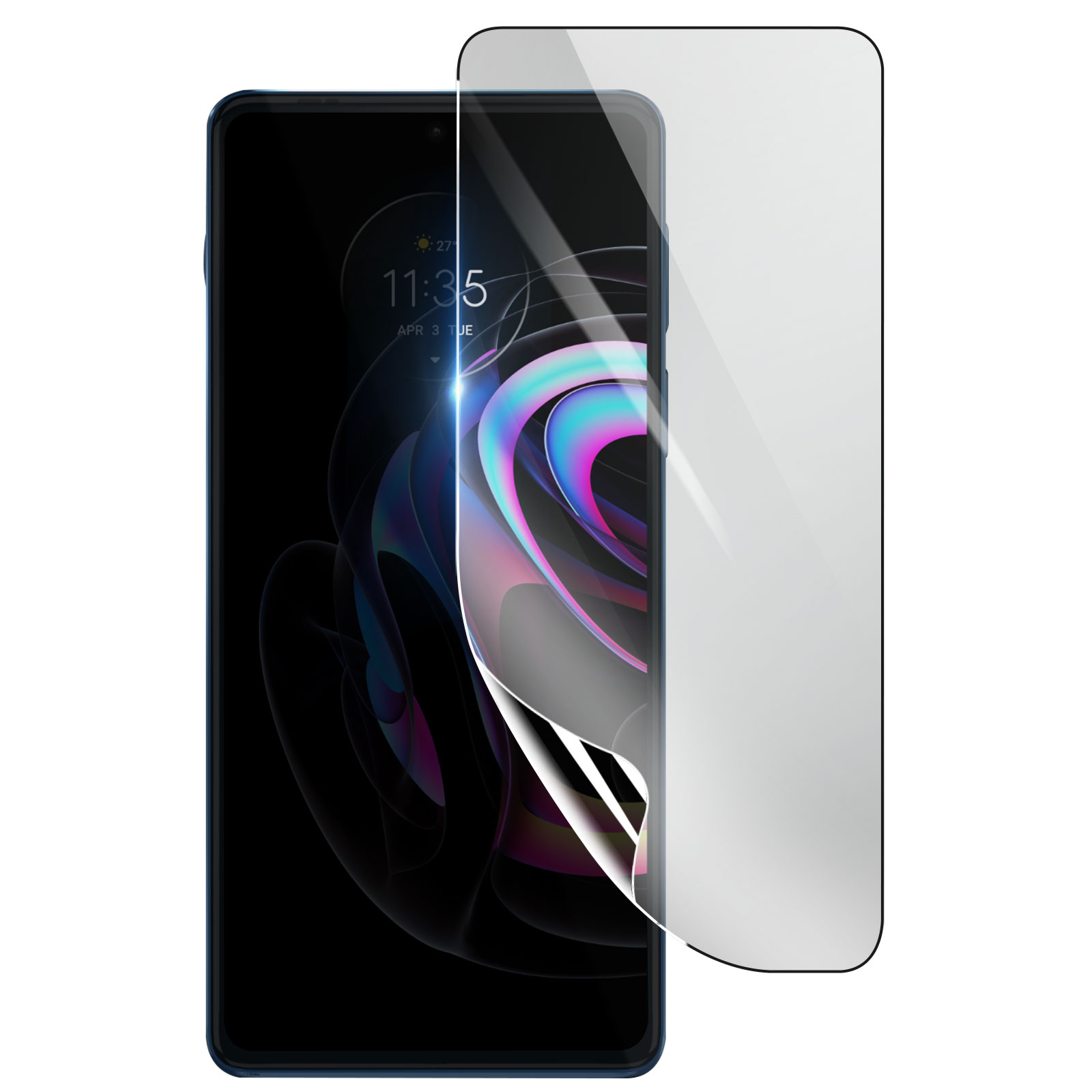 Uno smartphone con una protezione per lo schermo in applicazione. Lo schermo mostra l'ora, la data e uno sfondo colorato.