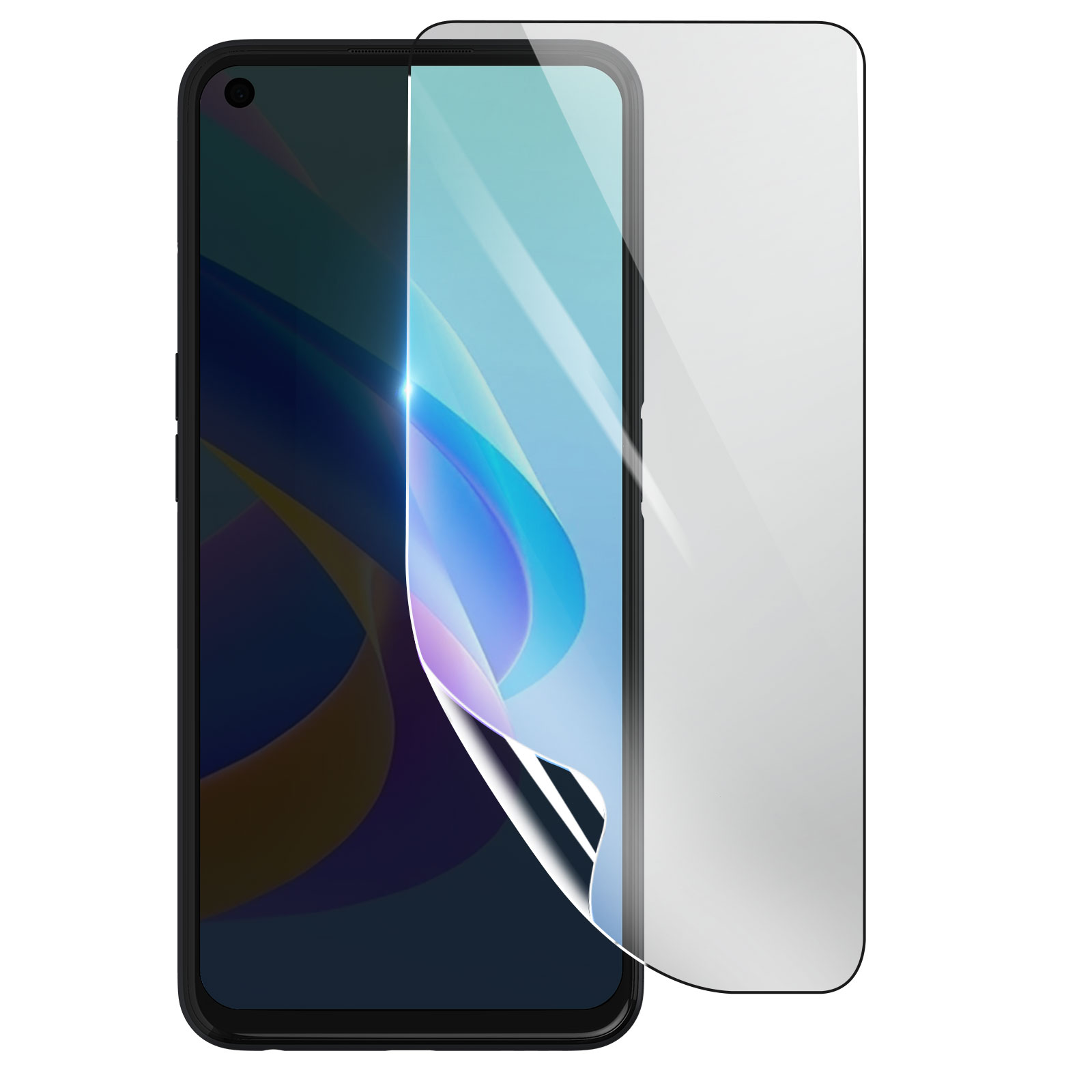 Uno smartphone con una protezione per lo schermo applicata. Il telefono è nero, con uno schermo che mostra arte astratta colorata.