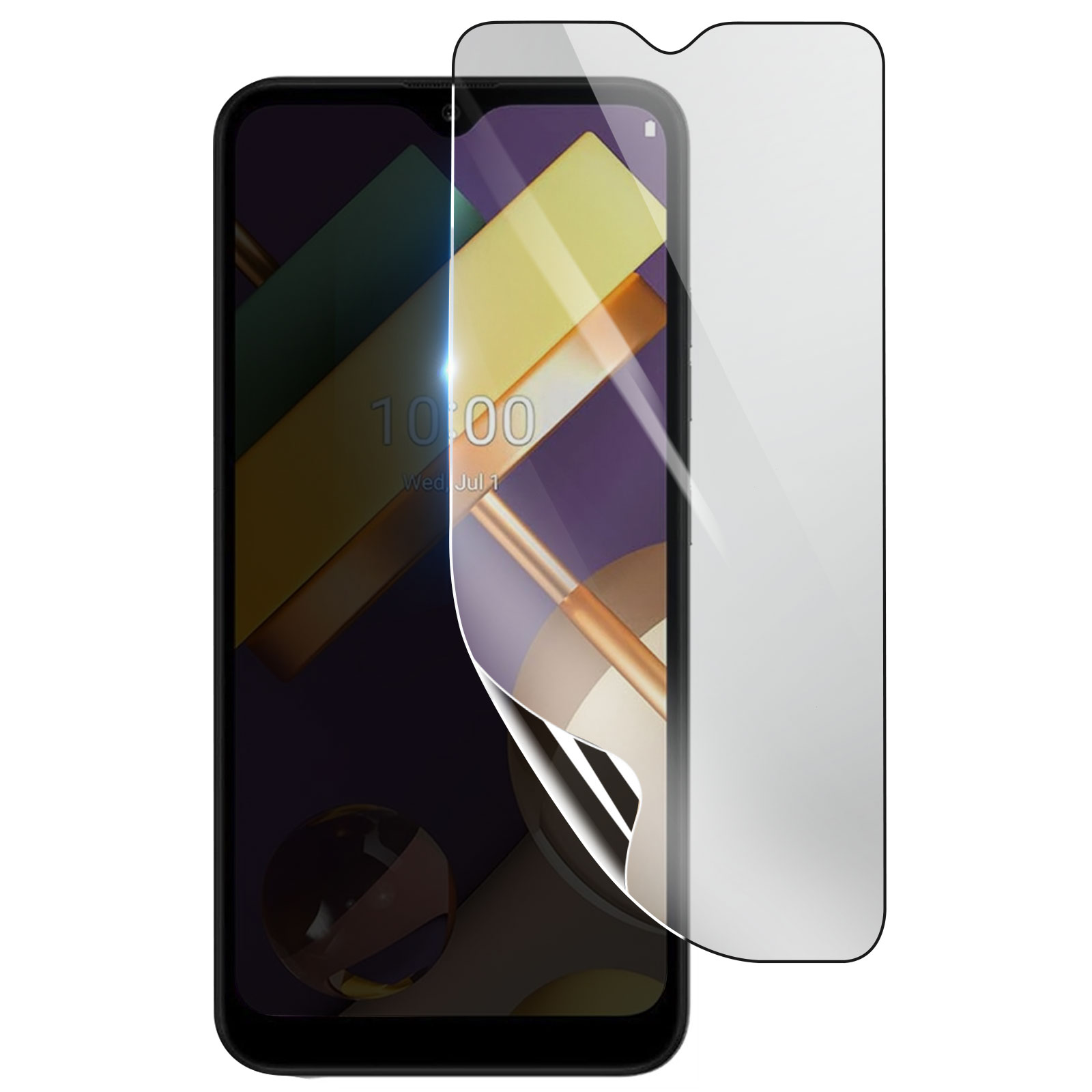 Uno smartphone con una protezione per lo schermo che viene rimossa. Lo schermo mostra l'ora e la data. La protezione è trasparente.