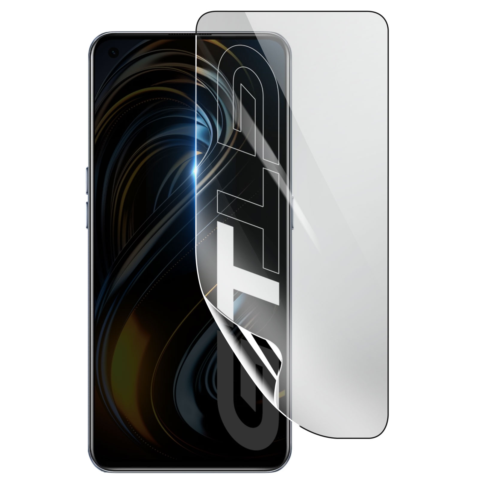 Uno smartphone con una protezione schermo in applicazione. Il telefono mostra uno sfondo scuro e astratto.