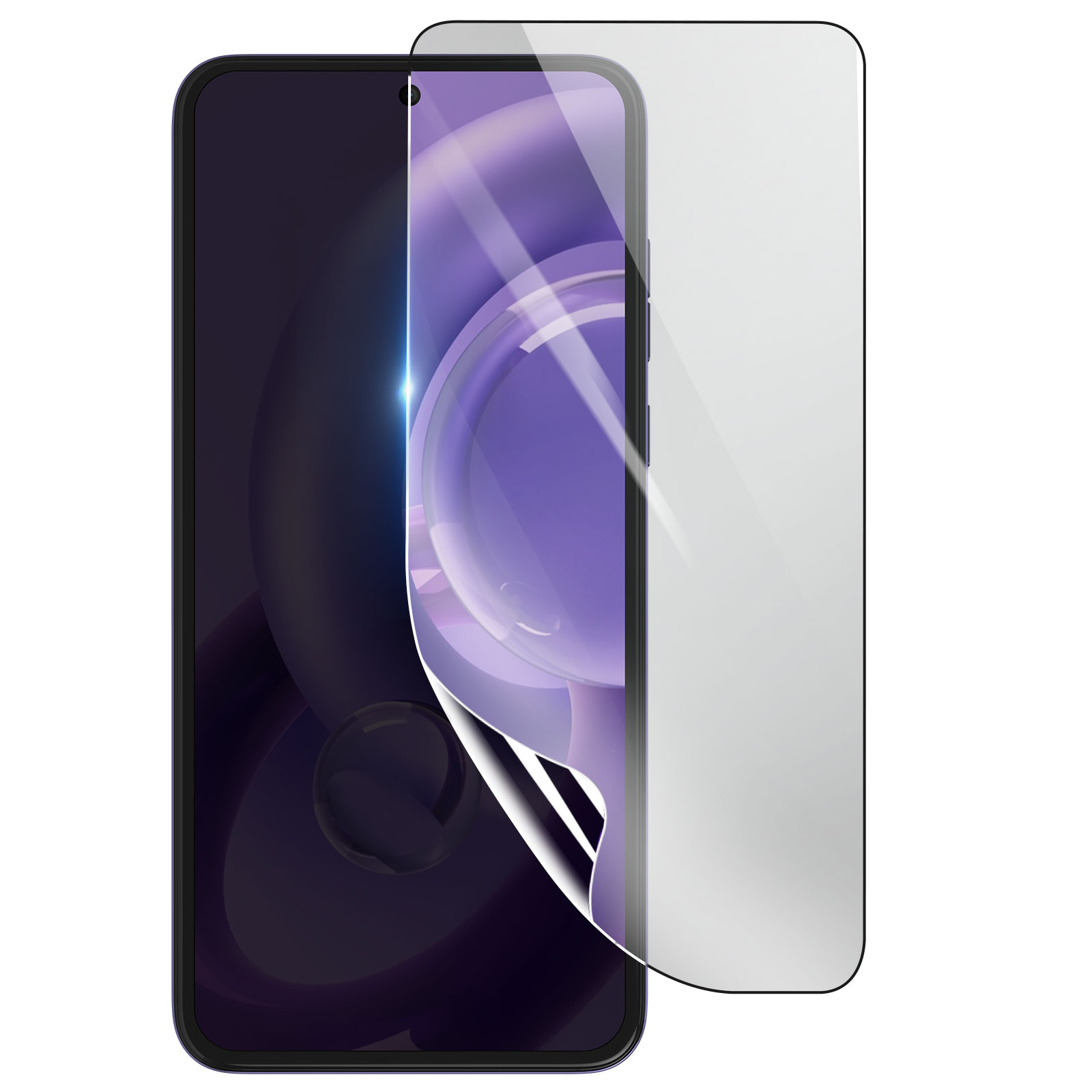 Uno smartphone con una protezione per lo schermo applicata. Lo schermo mostra un design viola e bianco. La protezione è parzialmente staccata.